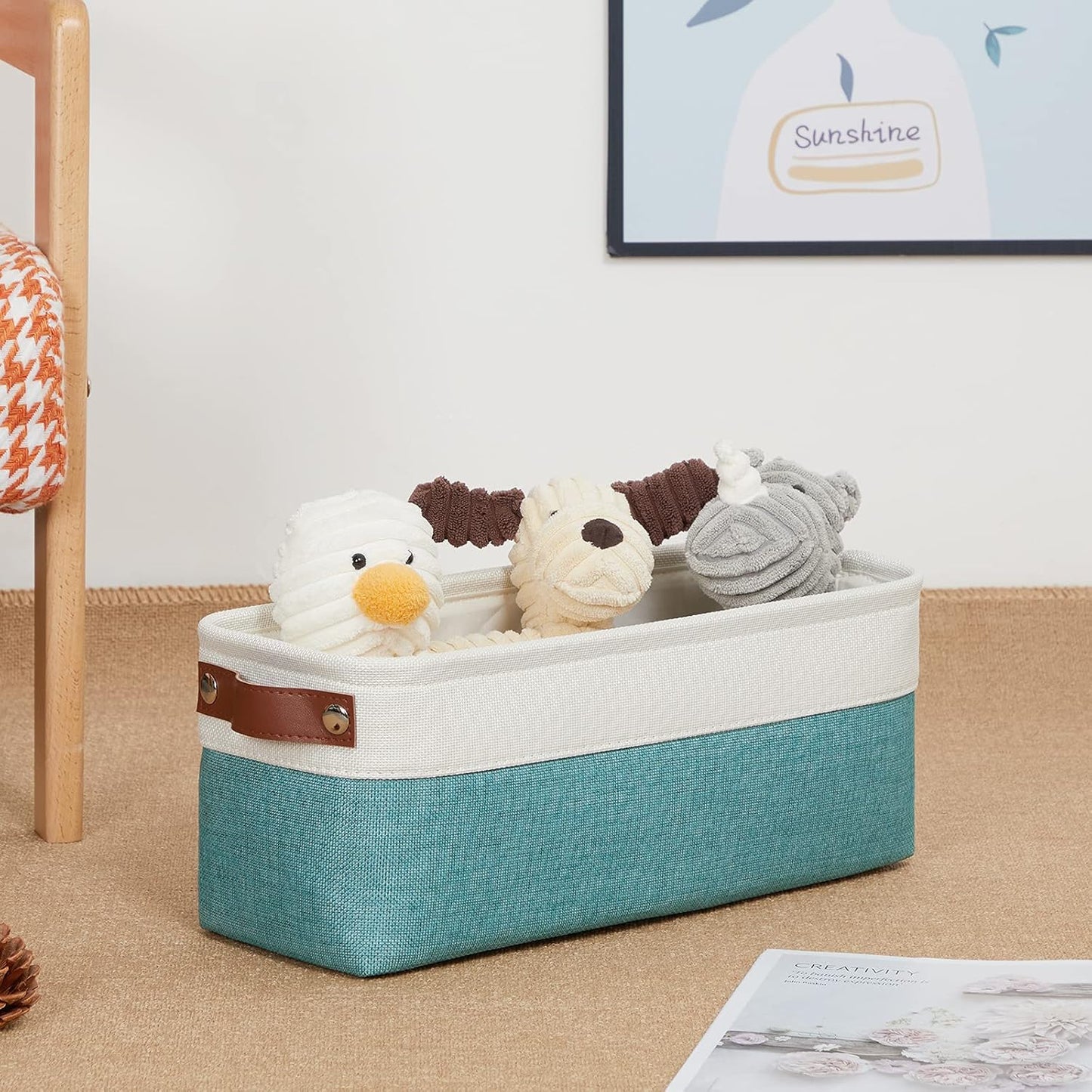 DULLEMELO Small Bathroom Closet Storage Baskets Canvas Fabric Storage Bins for Toilet 2 Pack Collapsible Home Organizer With Handles (White&Teal)