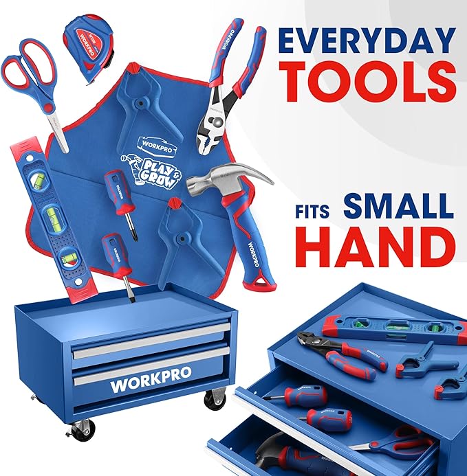 WORKPRO Kids Real Tool Set with 12 Inch Steel Tool Chest with Wheels, 10PCS Boys First Tool Set with 2 Drawers Blue Metal Rolling Tool Chest, Kids Woodworking Tools for DIY, Home Repair