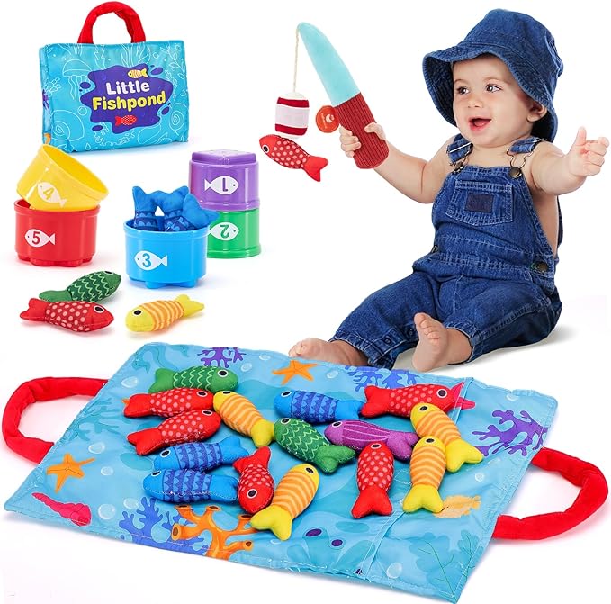 hahaland Toddler Toys Montessori Toys for 1 Year Old Boy Girl Birthday Gift - 10 in 1 Cloth Fishing Game Christmas Toddler Gifts 1-3 with Stacking Cups - Number Counting, Color Sorting Learning