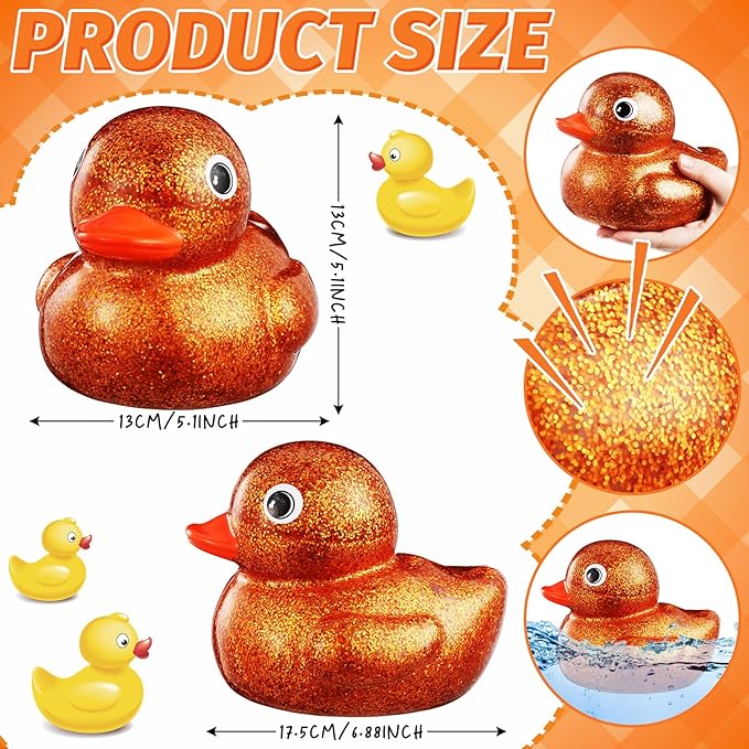 Honoson 6.89 Inch Giant Glitter Rubber Duck Big Glitter Rubber Duck Large Sparkly Duckling Bath Toy with Squeaky Sound for Summer Baby Shower Birthday Party Favor Gift(Orange)