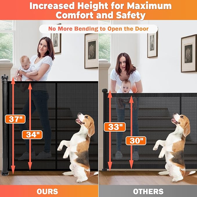 Retractable Baby Gates for Stairs, 55" Wide Retractable Dog Gate Pet Gate, 34" Extra Tall Child Safety Gate Toddler Mesh Gate with Support Rods for Doorways, Hallways, Deck, Porch, Indoor, Outdoor