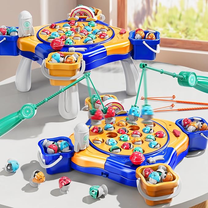 Magnet Fishing Game for Kids Toddlers Aged 3 4 5 6 7 8 - Fishing Toys with 48 Fishes Toys, 8 Poles, Rotating Board Game with On-Off Music, Educational Birthday Gifts for Boys Girls 1-3(Blue)