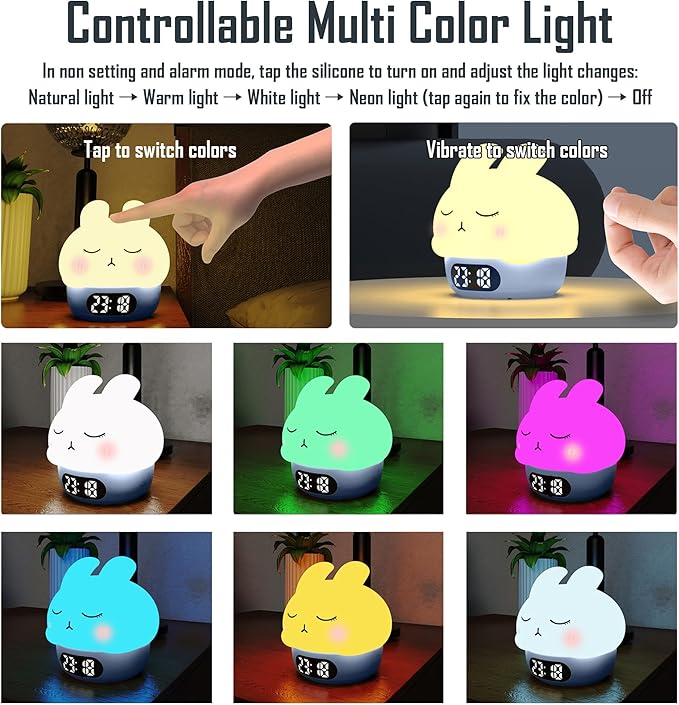 Cute Bunny RGB Rechargeable Night Light, Soft Silicone Lampshade, Adjustable Brightness LED Clock, Date, Alarm, Thermometer, Timer, Tap Control, Bedroom Lamp, Gift for Girl and Kid (Blue Bunny)