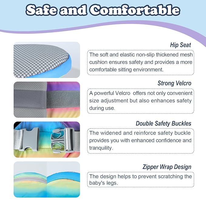 Baby Carrier with Hip Seat, Enhanced Safety, Hands-Free Support for Newborn to Toddler (0-66 lbs), Multiple Pockets, Ergonomic, Adjustable Waistband – Rainbow