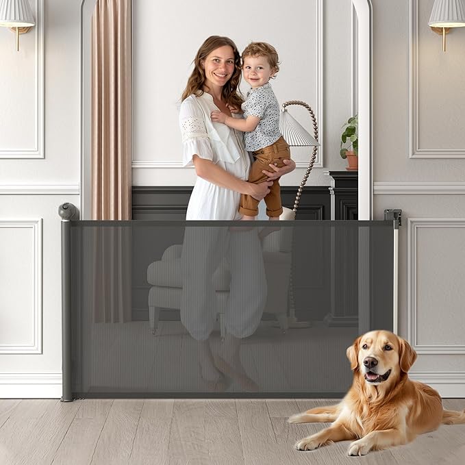 Retractable Baby Gate, Baby Gate for Stairs Auto-Lock, Dog Gates for Doorways Safety, Extends to 34.5x55in, Grey