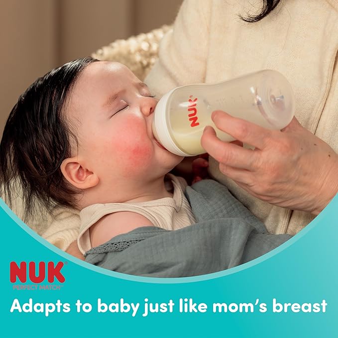 NUK Perfect Match 2-in-1 Natural and Anti-Colic Bottle with Medium Flow, Wide, Adaptable Nipple, 8oz., 4 Pack, BPA Free