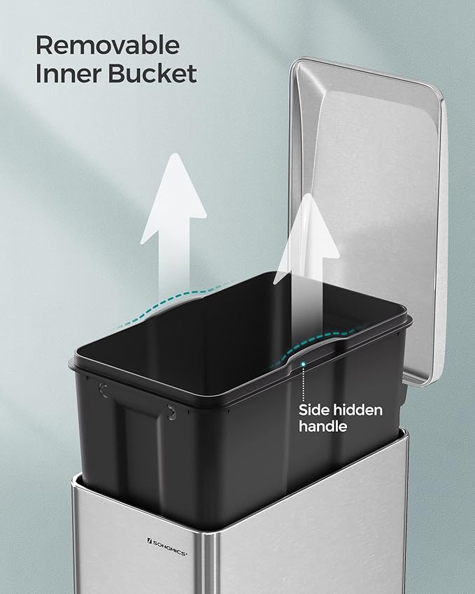 SONGMICS Slim Trash Can, 13-Gallon (50 L) Garbage Can for Narrow Spaces with Soft-Close Lid, Inner Bucket, and Step-on Pedal, Stainless Steel, 15 Trash Bags Included, Silver ULTB510E48