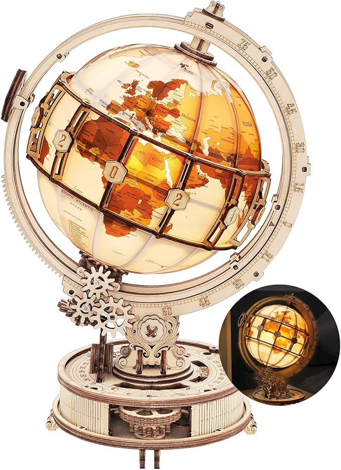 ROKR 3D Wooden Puzzles for Adults Illuminated Globe with Stand 180pcs 3D Puzzles Built-in LED Model Kit Hobby Gifts for Adults Home Decor