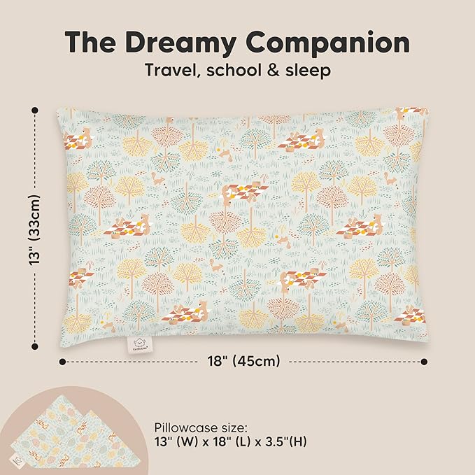 Toddler Pillow with Pillowcase - 13x18 My Little Dreamy Kids Travel Bed Pillows for Sleeping, Organic Cotton Small Pillowcase, Soft & Breathable, Machine Washable, Toddlers 2-5 years old (Wild Picnic)