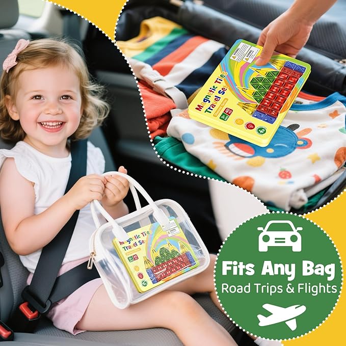 Mini Magnetic Tiles for Kids Ages 4-8, 40PCS Portable Travel Toys with Visual Storage Guide & Metal Storage Box, Compact Magnetic Building Blocks for Toddlers 3-5 Travel Activities