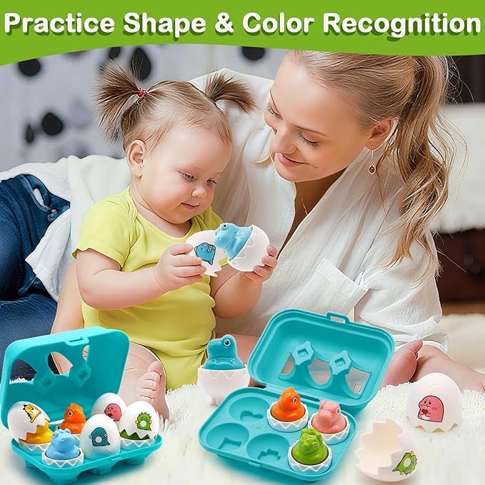 Dinosaur Egg Toys for Toddlers 1-3, Dino Matching Eggs Color Sorting Sensory Educational Learning Fine Motor Skills Shape Sorter Baby Puzzle Travel Game Montessori 1st Birthday Gifts Boy Kid