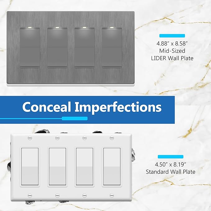 LIDER Brushed Finish Decorator Switch Cover, Screwless Wall Plate, Mid-Size 4-Gang 4.88" x 8.58", Unbreakable Polycarbonate Thermoplastic, UL Listed, LSWP-34M-BGY, Brushed Gray