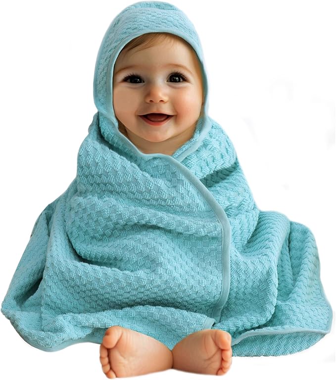 ORIGINAL KIDS Hooded Baby Towel for Newborn - Soft Waffle Weave Baby Bath Towel with Hood for Infant, Toddler - 100% Cotton with Poly Suede Piping - Absorbent Newborn Bath Essentials -32x32- Cool Blue