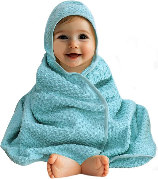 ORIGINAL KIDS Hooded Baby Towel for Newborn - Soft Waffle Weave Baby Bath Towel with Hood for Infant, Toddler - 100% Cotton with Poly Suede Piping - Absorbent Newborn Bath Essentials -32x32- Cool Blue