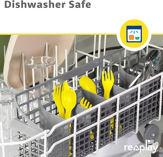 RE-PLAY Made in USA 8pk Toddler Feeding Utensils Spoon and Fork Set | Eco Friendly Recycled Milk Jugs - Virtually Indestructible | Red, Yellow, Lime Green, Sky Blue (Preschool)