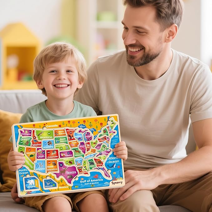 SYNARRY Large USA Wooden Puzzles for Kids Ages 3-5, Learning United States Map Puzles for Kids Ages 4-6, Wood Jigsaw Puzzles Educational Games Toys Gifts for Boys Girls Ages 3-8