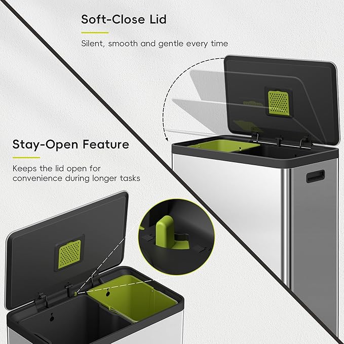 EKO EcoCasa II 36L+24L Dual Trash Can with Recycle Bin, Stainless Steel Garbage Can with Lid, Deodorizer Compartment, Odor-Proof and Fingerprint Resistant