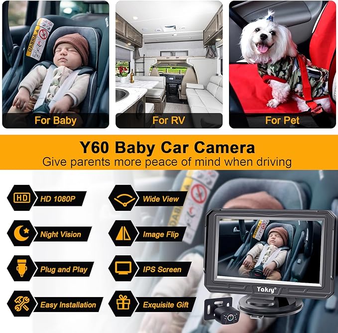 Yakry Baby Car Camera for Backseat - HD 1080P, 170° Wide Angle, Night Vision, 360° Rotation, Safe for Babies, Easy Install, Rear-Facing Baby Car Mirror for Parents Y60