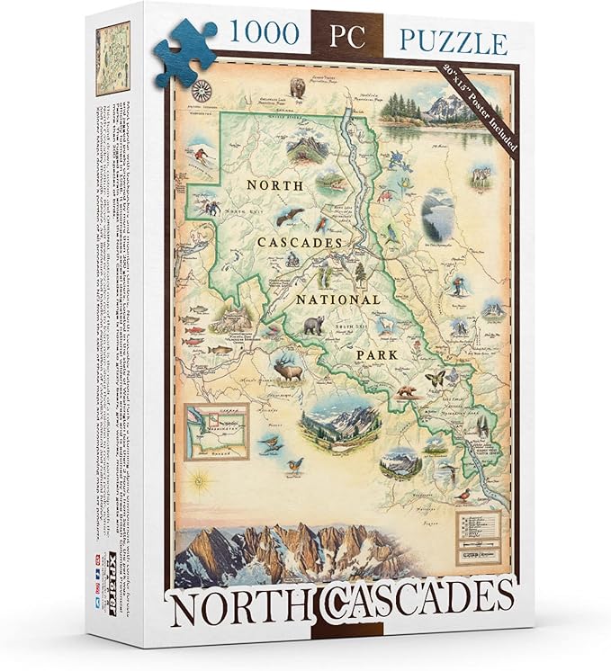 North Cascades National Park Map Cardboard Jigsaw Puzzle - 1000 Pieces, Hand-Illustrated - Educational, Family Activity, Ages 7+, Includes Poster - 25.4 x 19.8