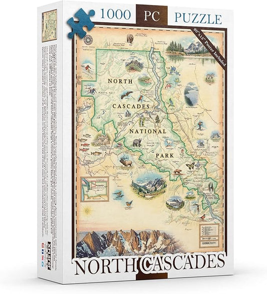 North Cascades National Park Map Cardboard Jigsaw Puzzle - 1000 Pieces, Hand-Illustrated - Educational, Family Activity, Ages 7+, Includes Poster - 25.4 x 19.8