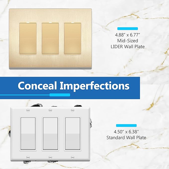 LIDER Brushed Finish Decorator Switch Cover, Screwless Wall Plate, Mid-Size 3-Gang 4.88" x 6.77", Unbreakable Polycarbonate Thermoplastic, UL Listed, LSWP-33M-BGD, Brushed Gold