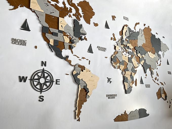 Wooden World Map 3D Art Large Wall Decor - Size (M, L, XL) Any Occasion Gift Idea - Wall Art For Home, Kitchen or Office (XL, SKY)