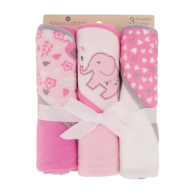 Cudlie Buttons & Stitches Baby Girl 3 Pack Rolled/Carded Hooded Towels in Blooming Elephant Print, GS71729