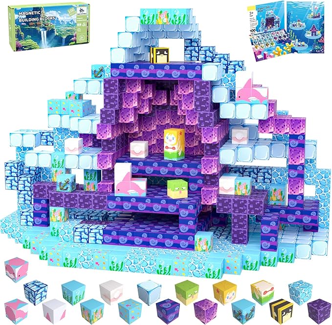 Magnetic Blocks, 100PCS Magnetic Building Blocks, Stacking Magnets for Kids, Sensory Toy for STEM Constructions Magnet Blocks for Boys Girls Age 3+, Christmas Birthday Gifts (Ocean World)
