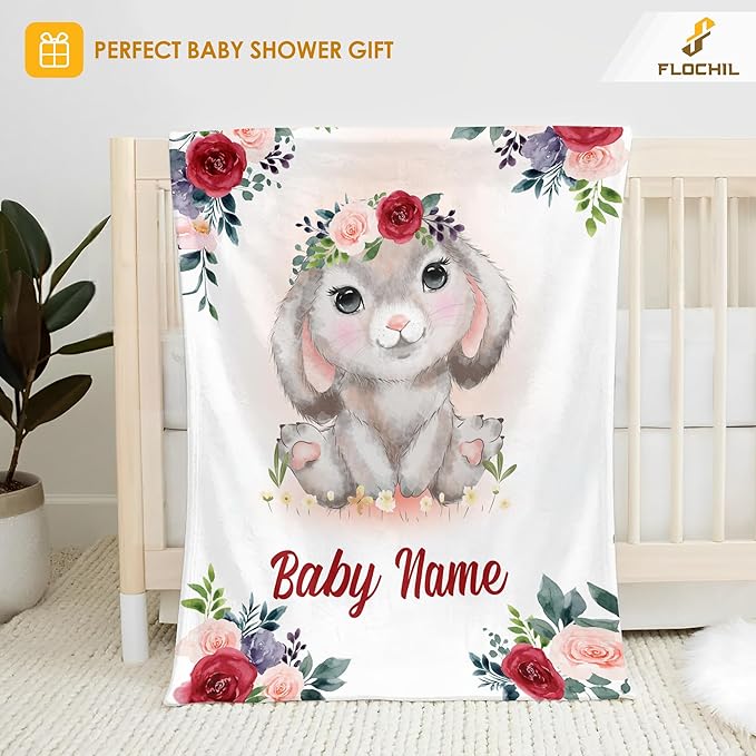 FLOCHIL Personalized Baby Blanket - Custom Baby Blanket with Name for Girls, Newborn Bunny Plush Fleece (30x40)
