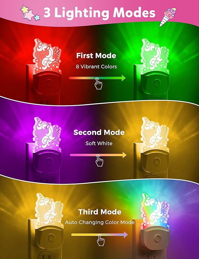 Cute Night Light for Kids [2 Pack], Plug in Night Light, 8 Color Changing Baby Night Light with Dusk to Dawn Sensor, Nightlights for Children, LED Night Lights for Kids Girls Bedroom, Gifts for Girls