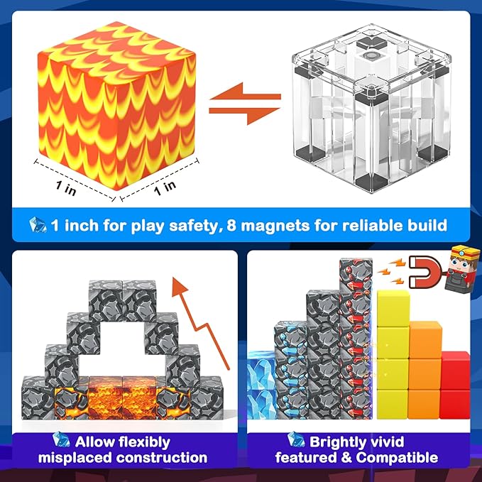 Magnetic Blocks 100PCS 1 inch Magnetic Building Cubes Kids Magnet Toys Crystal Mine Cave Inspired Playset Magworld Add-on Building Craft Sensory Toys Game Gifts for Ages 3-5 4-6 5-7 8-12
