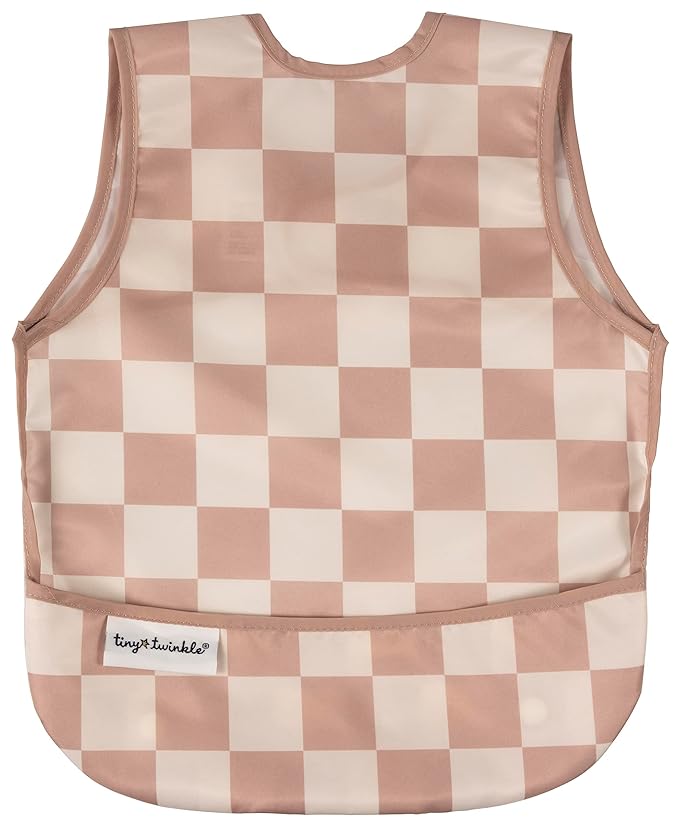 Twinkle Short Sleeve Apron Baby & Toddler Bib – Waterproof, Mess-Proof Bibs for Eating & Feeding, Machine Washable, Perfect Holiday Gift (Brown Checkers, 2-4Y)