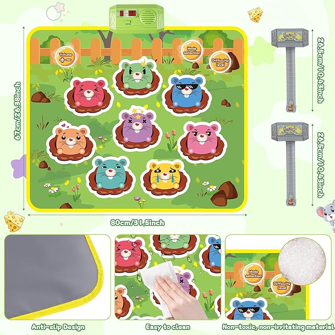 M SANMERSEN Whack A Mole Game Toys for Kids, Toddler Toys for Ages 2 3 4 5 Whack A Mole Game Playmat with 2 Hammers, Birthday Gifts for Kids Boys Girls Family Games Party Favors