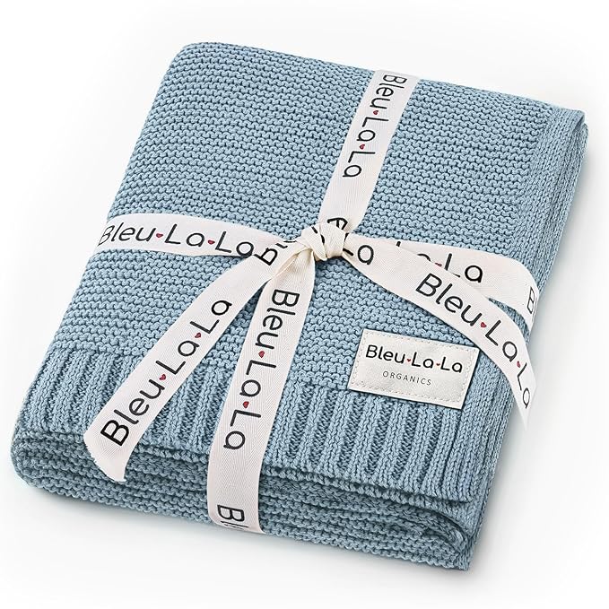 Organic Cotton Heritage Knit Receiving Blanket for Boys - 100% Luxury Soft Organic Cotton - Warm Cozy Swaddle Cuddle Blanket for Newborns Infants & Toddlers (0-2Yrs - Sky Blue)