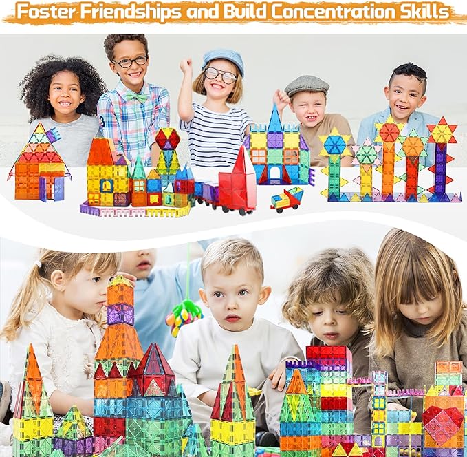 Magnetic Tiles - 130PCS Magnetic Blocks for Kids, Magnet Tiles Building Blocks Set with 2 Cars, Construction STEM Magnet Toys Gift for Kids, Boys and Girls 3 4 5 6 7 8+ Year Old
