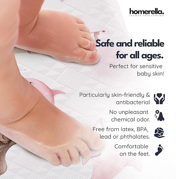 Homerella Baby Bath Tub Mat | Anti Mold Mildew Resistant Non Slip Kids and Adult Bath Tub Shower Mats | 40x16 inch Long with Suction Cups for Secure Grip Hooks for Storage & Drying | Machine Washable