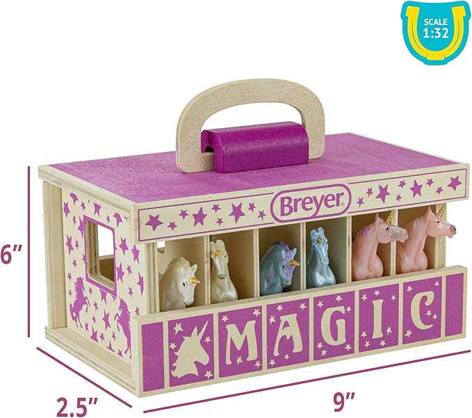 Breyer Unicorn Magic Wooden Carry Stable Playset with 6 Unicorns – Unicorn Gifts for Girls | Toys for Kids Ages 4–8 | Hand-Painted Horses in Carrying Case | Imaginative Play Set