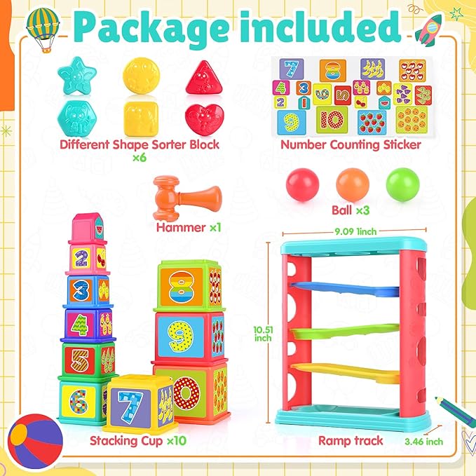 Pound a Ball Toy for Toddlers 1-3, Montessori Toys for Babies 12 18-24 Months, Hammer, Stacking Cups, Shape Sorter Blocks, Early Developmental Educational Toys for 1 2 3 Year Old Boys Girls Kids Gift