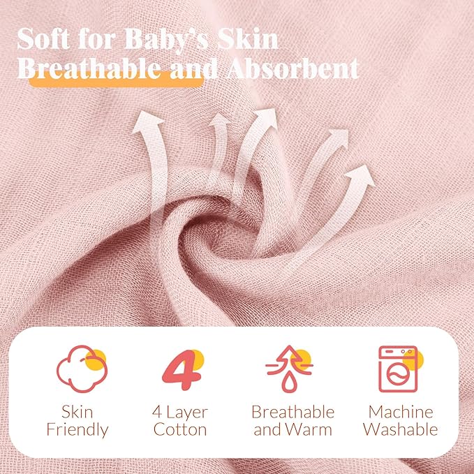 Preboun 6 Pcs Muslin Hooded Baby Towels and Washcloths 32"x 32" Cotton Newborn Bath Towel Anti-Shrink Infant Baby Blankets with Hood 12"x 12" Washcloths for Girl Boy Toddler(Ivory,Pink)