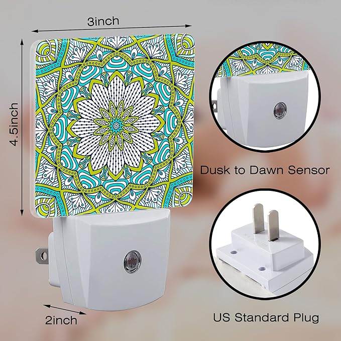 Vintage Mandala Flower Night Light Plug into Wall, Green Mandala Floral Dusk to Dawn Night Light,0.5w Energy Saving Sleep Friendly Nightlights for Kids Boys Girls Home Decor