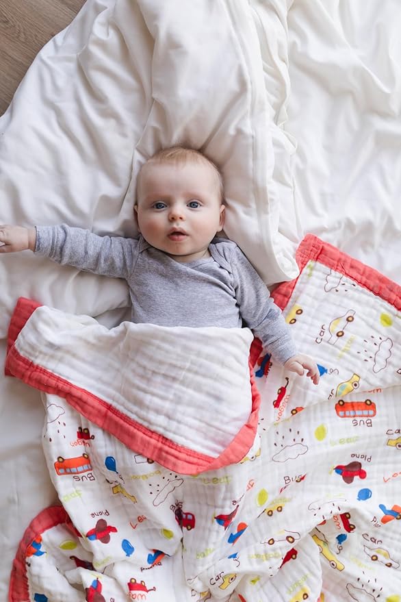 100% Cotton Muslin Baby Blanket | Soft & Breathable 6-Layer Swaddle & Receiving Blanket | Lightweight Quilt for Newborns, Infants & Toddlers | Gender-Neutral (Vroom Vroom)