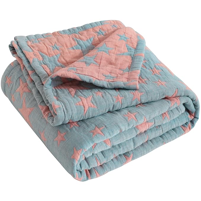 NTBAY 3 Layer Toddler Blanket, Muslin Cotton Jacquard Bed Blankets, Lightweight Thermal Baby Blanket, Super Soft and Warm Crib Blanket for All Seasons, Decoration Gift, 45"x60", Red and Blue Star