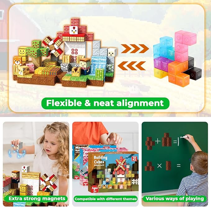 Magnetic Blocks - 150 PCS Build Magnetic Farm Animal Homes - Magnetics Toys for Montessori Toddler Christmas Birthday Gifts - STEM Sensory Toys for 3 4 5 6 7 8 9 10 Year Old Boys & Girls