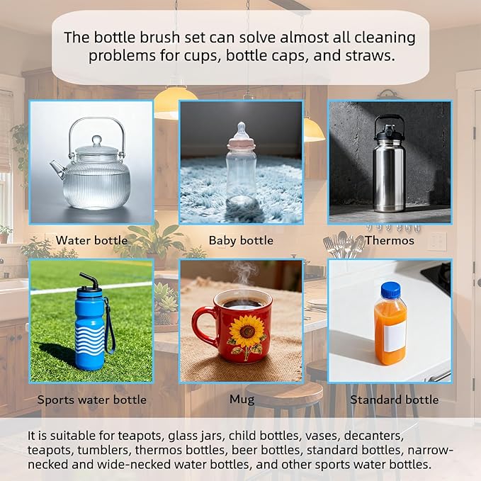 Bottle Brush Cleaner, 3-in-1 Water Bottle Cleaner Brush Straw Nipple Bottle Cleaner Brush Set Long Handle Bottle Cleaning Brush for Washing Tumblers, Sport Bottles, Cup Lid Cleaning Brush Blue