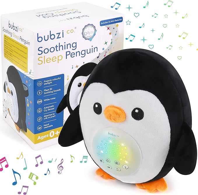 Bubzi Co Sound Machine & Shusher, Portable Penguin Soother & Night Light Projector, White Noise Sleep Aid for Infants & Toddlers
