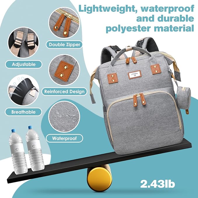 Diaper Bag Backpack, Large Waterproof Lightweight Diaper Bag with Changing Station, Insulated Pockets, USB Port & Stroller Straps, Travel Baby Bag for Mom and Dad, Baby Shower Gifts (Grey)