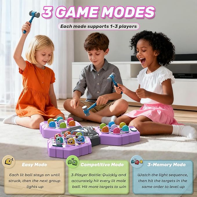 3-Player Whack Game Mole Toy for Ages 3+, Early Learning Toy with Lights & Sounds, Interactive Pounding Hammer Toy with 3 Game Modes, Perfect for Families with Multiple Kids of Different Ages