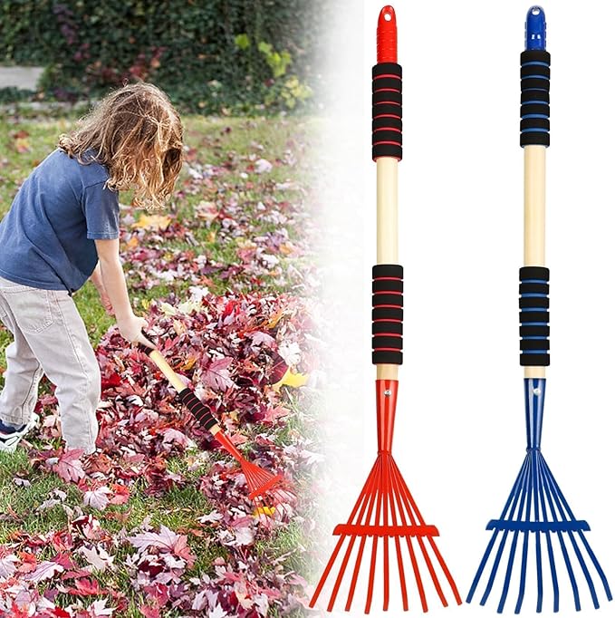 2 Pack Kids Rakes for Leaves, 28" Small Metal Toddler Rakes Garden Lawn Rake with Hardwood Handle and Soft Grip, Lightweight Child Size Yard Leaf Rake Kid Gardening Tools Set for Boys and Girls