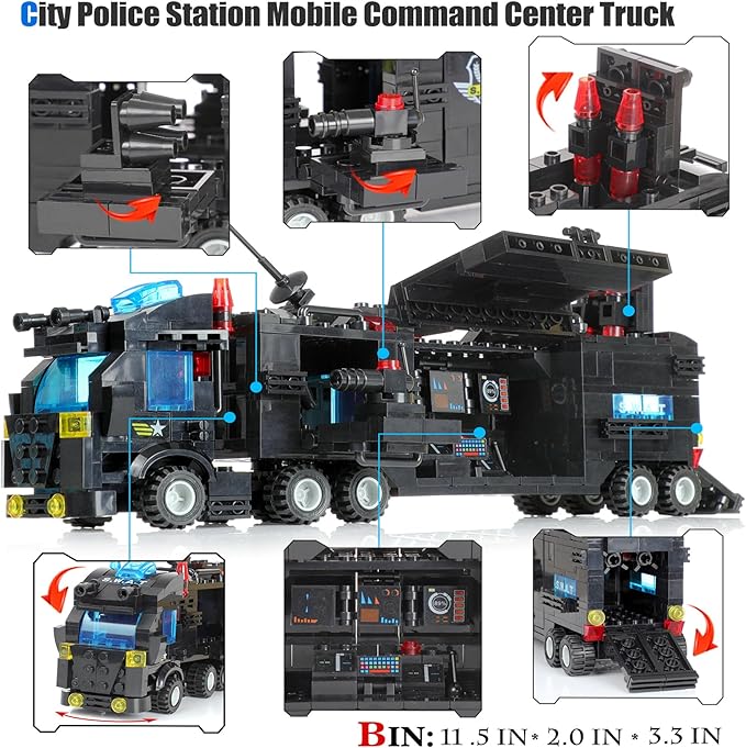 EP EXERCISE N PLAY 1110 PCS SWAT City Police Station Mobile Command Center Truck Car Building Blocks Set in 25 Different Models Police Cars, Helicopter, Boat, Toys Gift for Kids Boys Girls 6-12