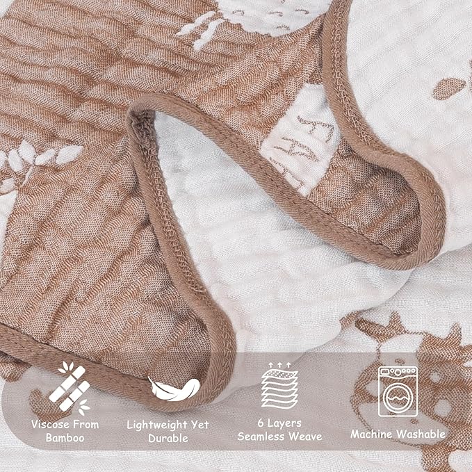 BOPRIO Ultra Soft Muslin Baby Blanket 6 Layers Neutral Swaddles Bed Blankets with Lovey Animal Design for Newborn Babies Kids Toddlers 43 x 43 Inch (Brown Woodland)